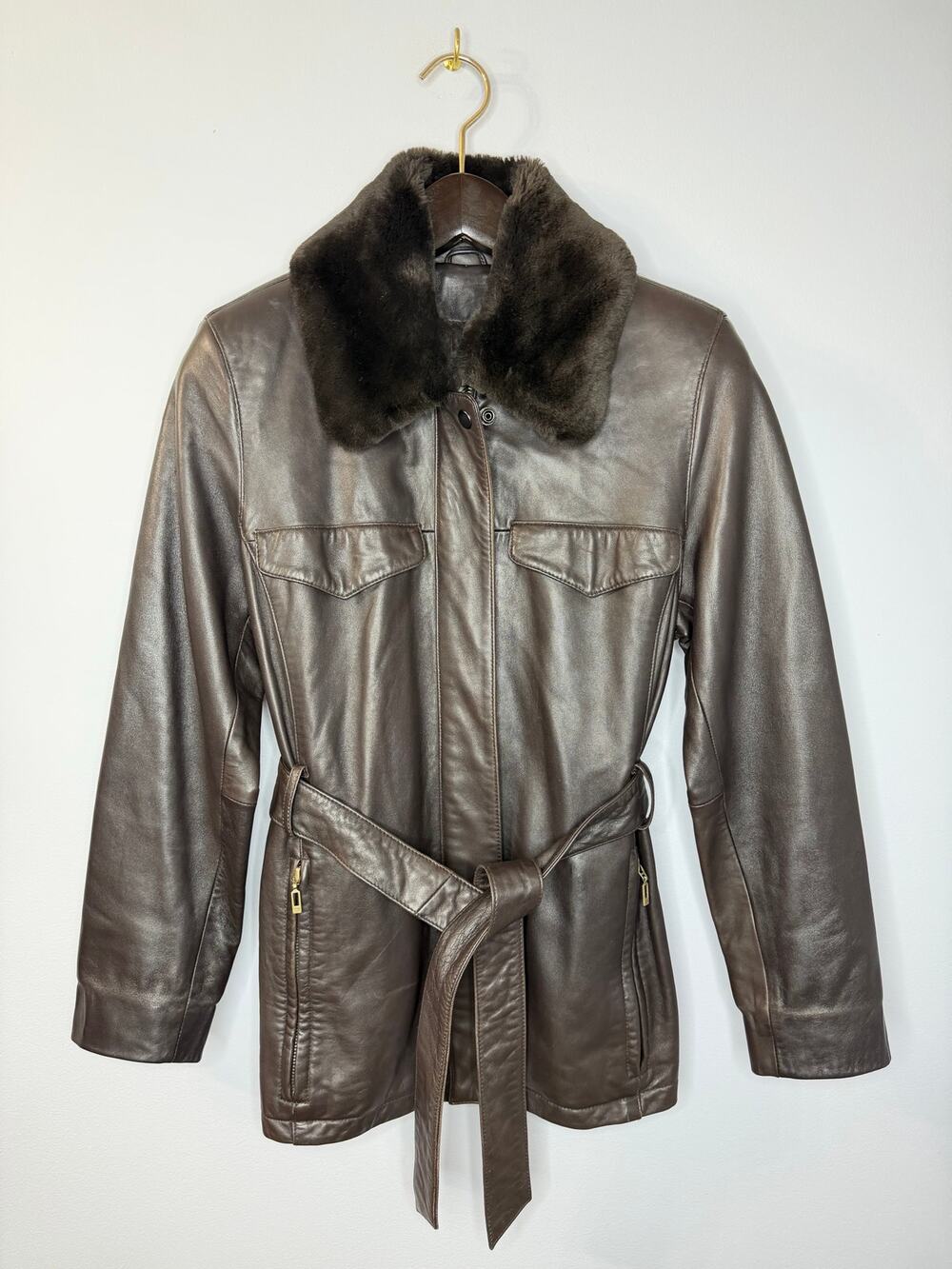 Vintage Lord & Taylor Leather Jacket Removable Faux-Fur Collar Belted Brown SP